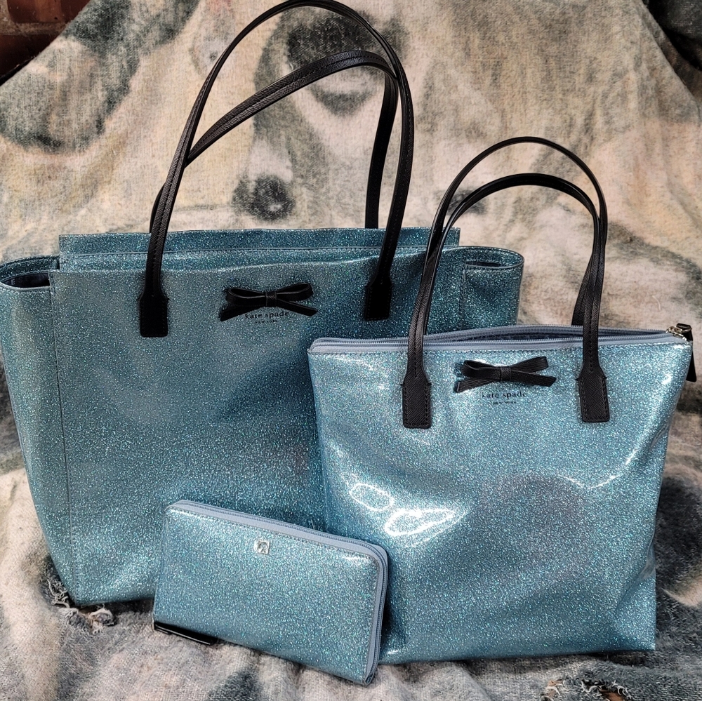 Kate Spade Blue Glitter Totes & Wallet Bundle